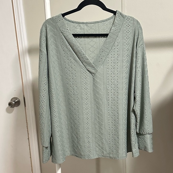 SHEIN Curve Women’s Sage Green Eyelet Pattern Longsleeve V Neck Blouse Size 1XL - Picture 1 of 6